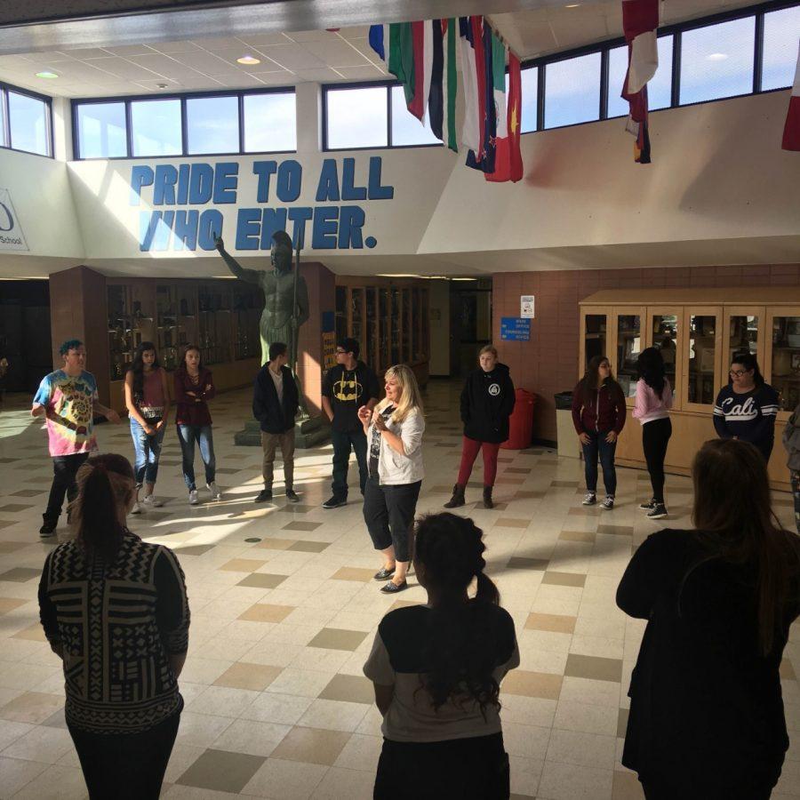 Poms coach and theater teacher Ms. Peggy Freemole works with one of her classes on Friday.  Freemole was honored as Colorado Spirit Coaches Association Dance Coach of the Year for 2016.