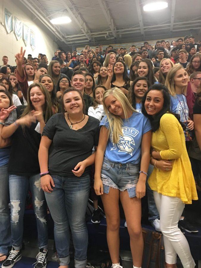 Greeley West juniors pose for a picture during the assembly on Friday.  The juniors won the Spirit Stick by being the loudest class.  