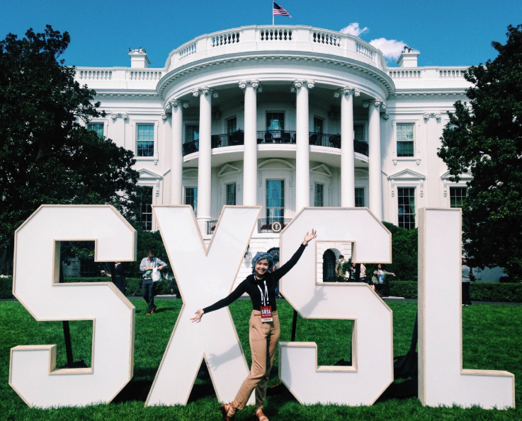Nashrah Mohdreza stands in front of the White House this week at South By South Lawn, a celebrate of the arts in America.