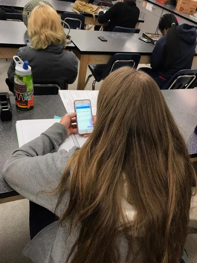 Junior Ashley Adamson works on her phone, catching up on Khan Academy while in Biology class.  