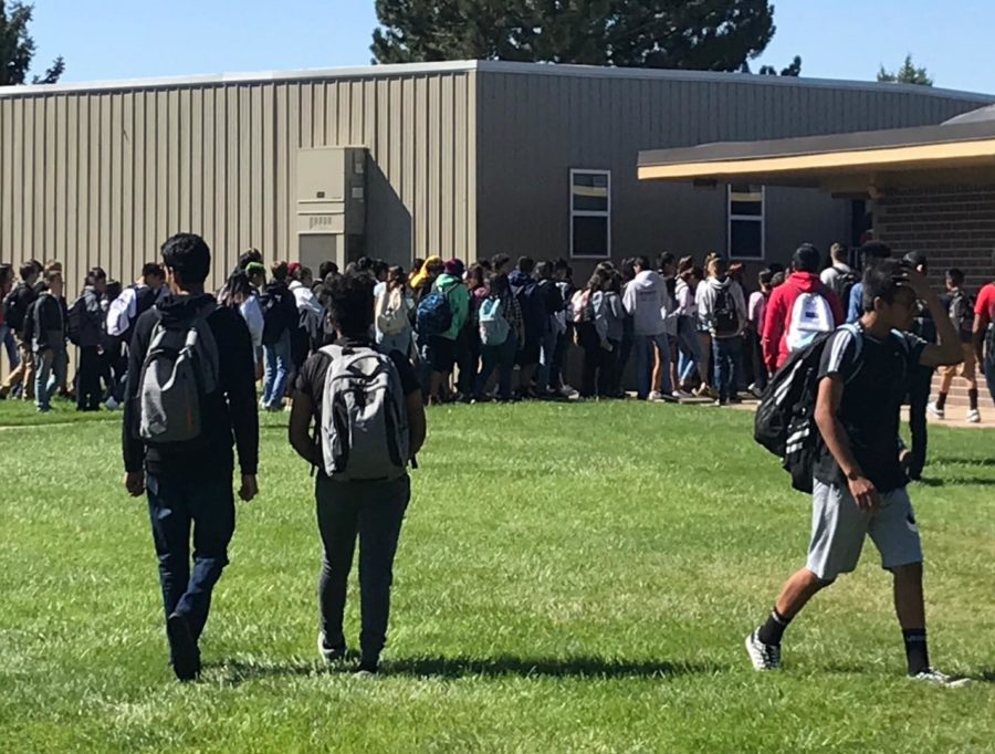 Greeley West students return to class after a recent fire drill.  