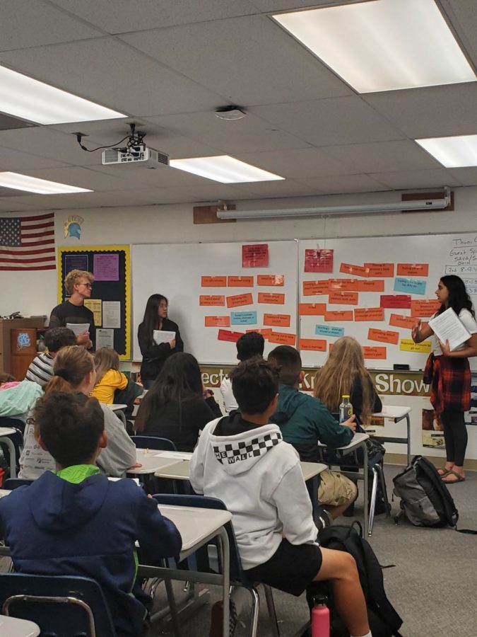 Brendan McCune, Monique Benavidez, and Grace Chahal work to end sexual assault in Mr. Brian Holmes health class on Thursday. 
 