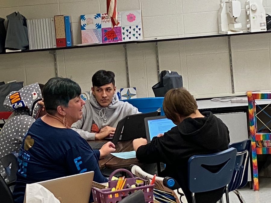 Ms. Patricia Knepper instructs students on Friday in her classroom.  Knepper shares her room through the day which is an added stress to teaching at Greeley West.  