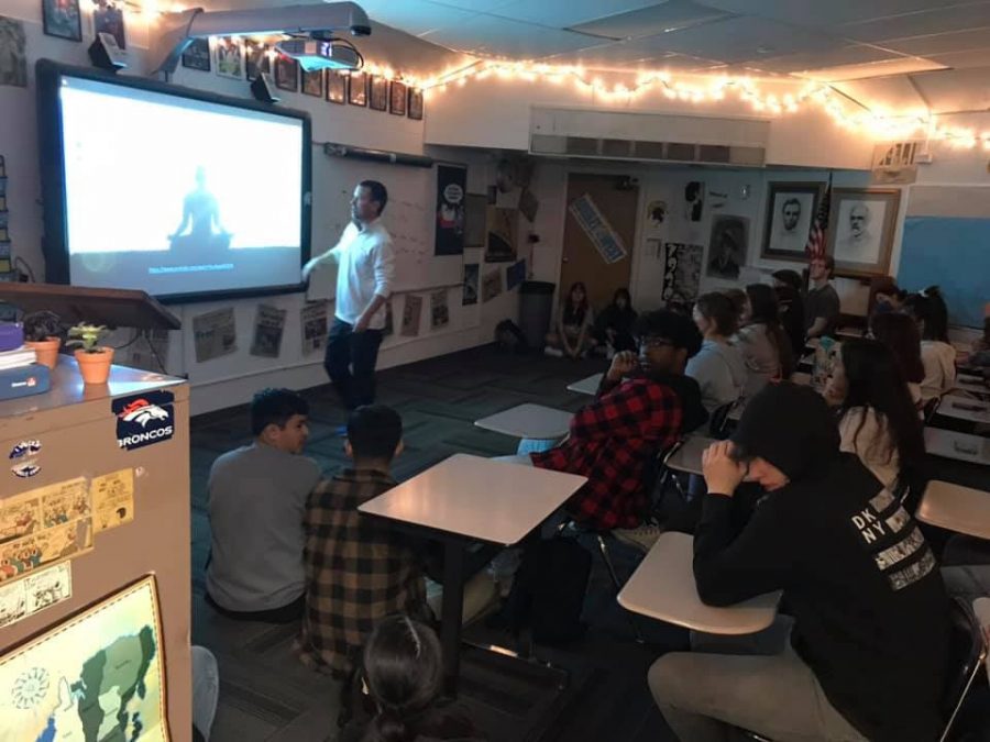 Mr. Don Wagner lectures about mindfulness with his students last week during his homeroom Passion Project.  