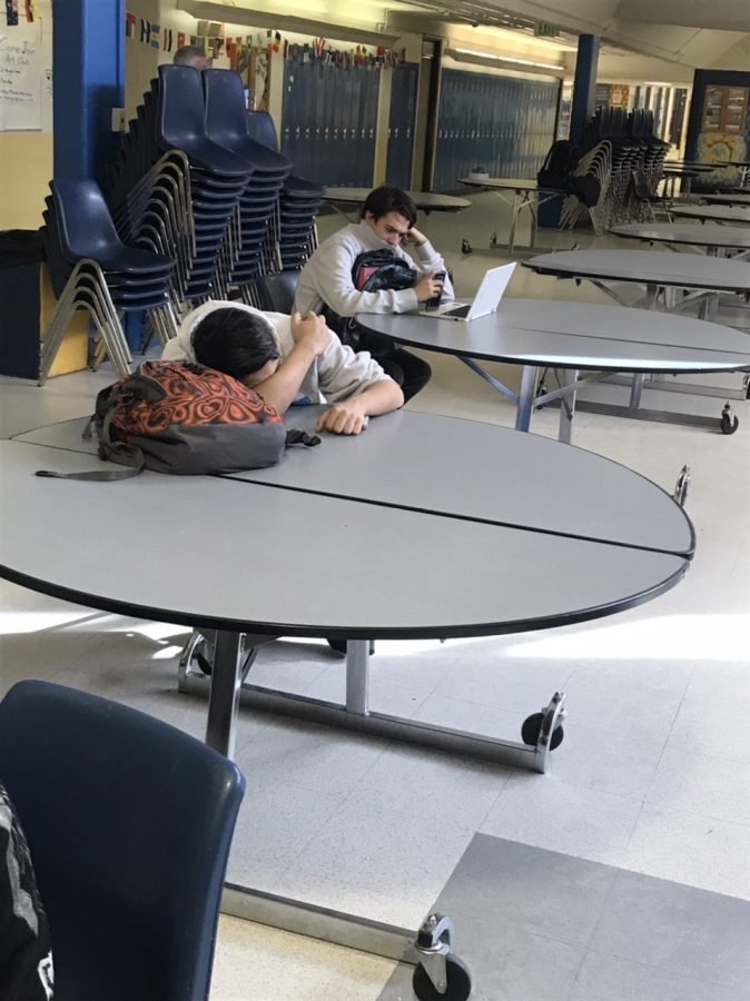 An unidentified  student naps during his off hour.  Senioritis is alive and well at Greeley West. 