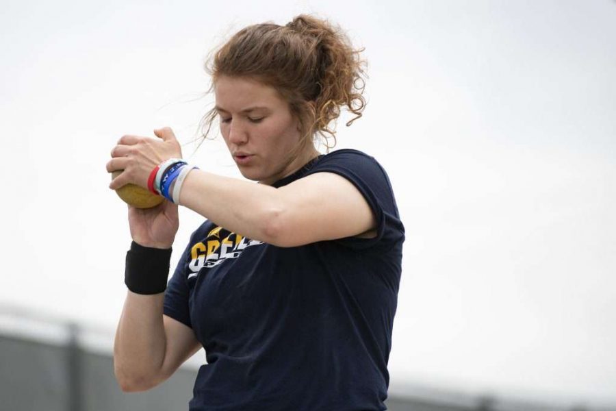 Senior Grace Whyrick prepares to throw the shotput.  Whyrick has multiple scholarship offers for next year. 