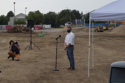 District 6 School Board President Mr.  Michael Mathews addresses a small Greeley West Community during Wednesdays groundbreaking ceremony for the new building.