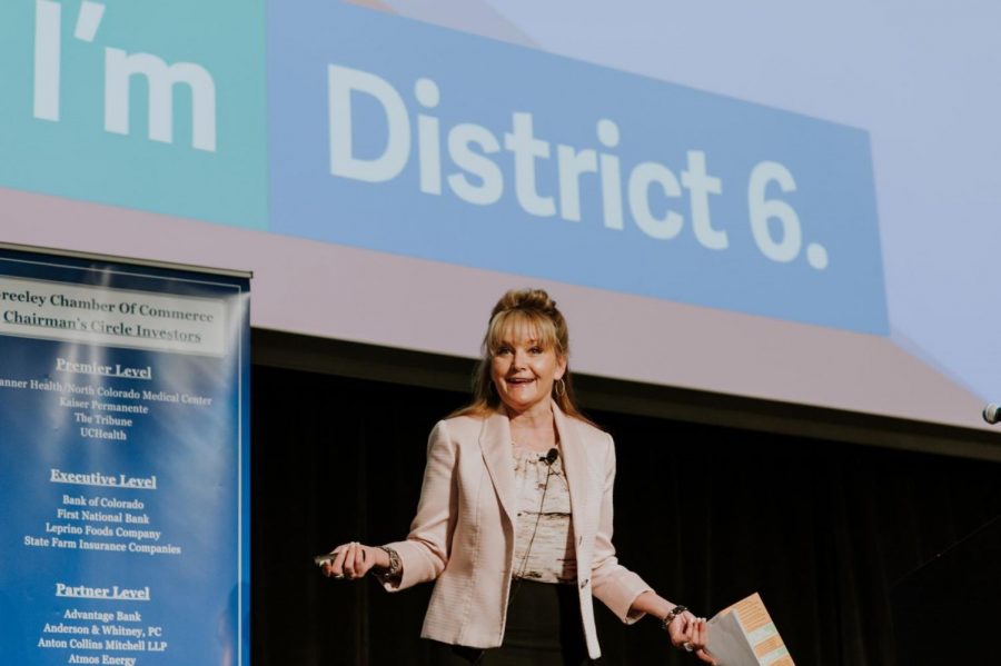 District 6 Superintendent Dr. Deirdre Pilch speaks at a Greeley Chamber of Commerce event last year, before the outbreak of COVID-19.