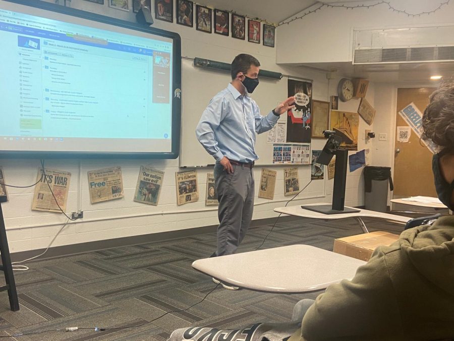Social studies teacher Mr. Don Wagner teaches in-person and virtually in front of his camera and Zoom screen.  Next week, Wagner gets to pack up the camera when all students return to in-person learning. 