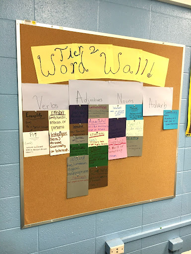 The Word Wall reflects student participation and variety with its initial start.
