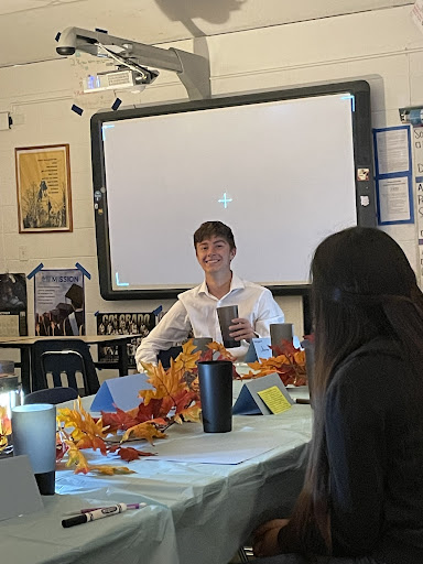 Greeley West senior Dylan Gesick plays the part of James Monroe during last weeks Symposium on the Common Good in AP U.S. History Class.
