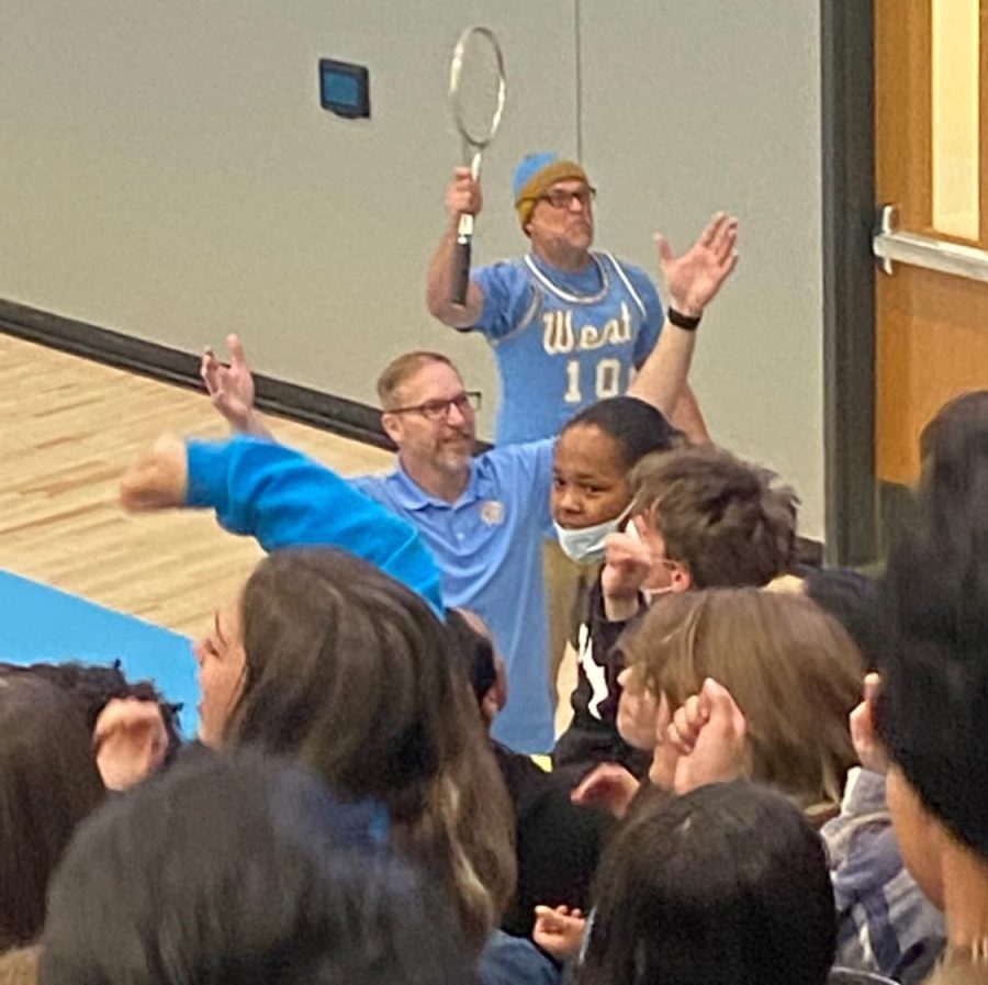 Teachers Mr. Paul Cherry and Mr. Brandon Torrez lead the sophomores during their class cheer at the assembly on Wednesday. 