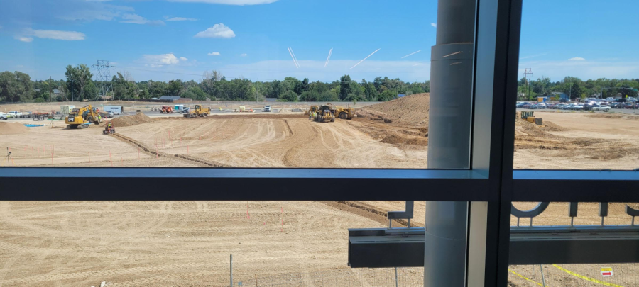 The construction site of the parking lot, as shown from inside the building.
