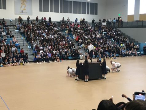 The cast of Matilda performs a song during the pep assembly on January 13.
