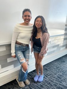 Seniors Yamileth Pacheco and Mariana Ortiz-Tovar pose for a picture in the hall before attending a presentation for another scholarship opportunity.  They were announced as Dell Scholars this week.  