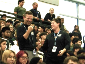 Mr. Don Wagner and Ms. Alissa Humprhey celebrate at an earlier assembly.  If one person knows about old Greeley West traditions, it's Wagner.