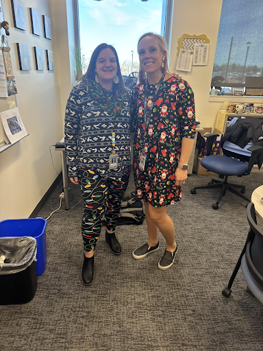 Ms. Kelly Meillinger and Ms. Amanda Jones-Weiss pose in their secret spirit week outfits.